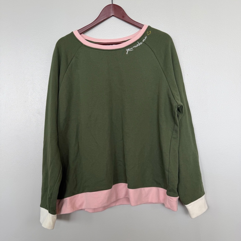 WOMEN 2X TIME & TRU YOU MAKE ME SMILE GREEN PINK RELAXED FIT CREWNECK SWEATSHIRT